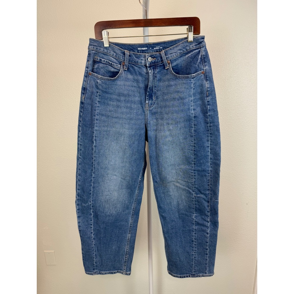 Old Navy Womens High Rise Barrel Leg Jeans Blue Medium Wash 12‎ Cropped Denim